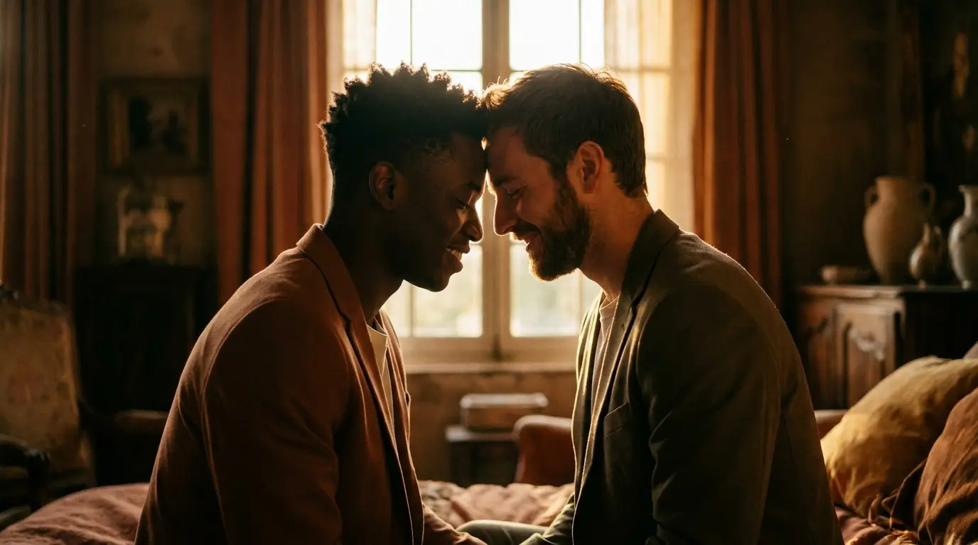 Two young men close together at golden hour