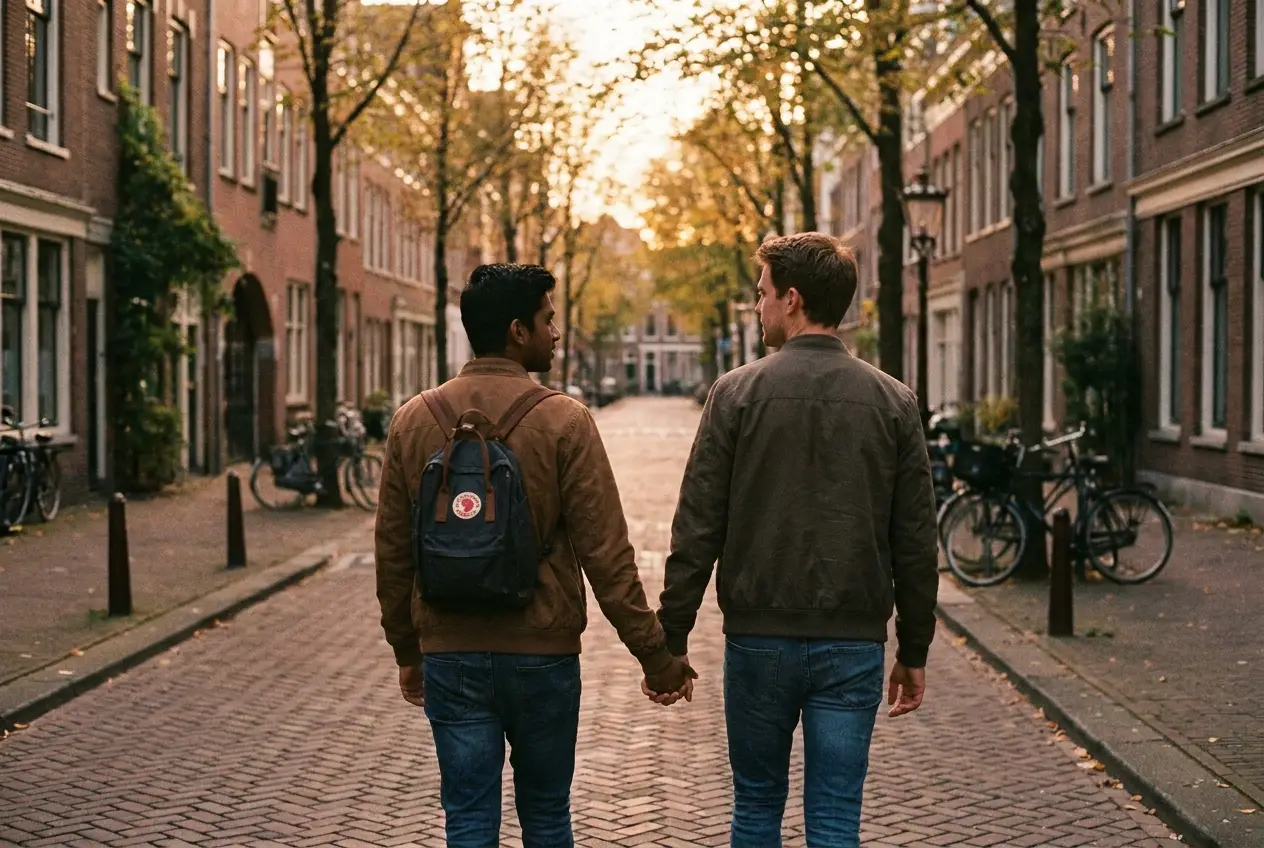 Two young men walking together holding hands on a city street in soft daylight