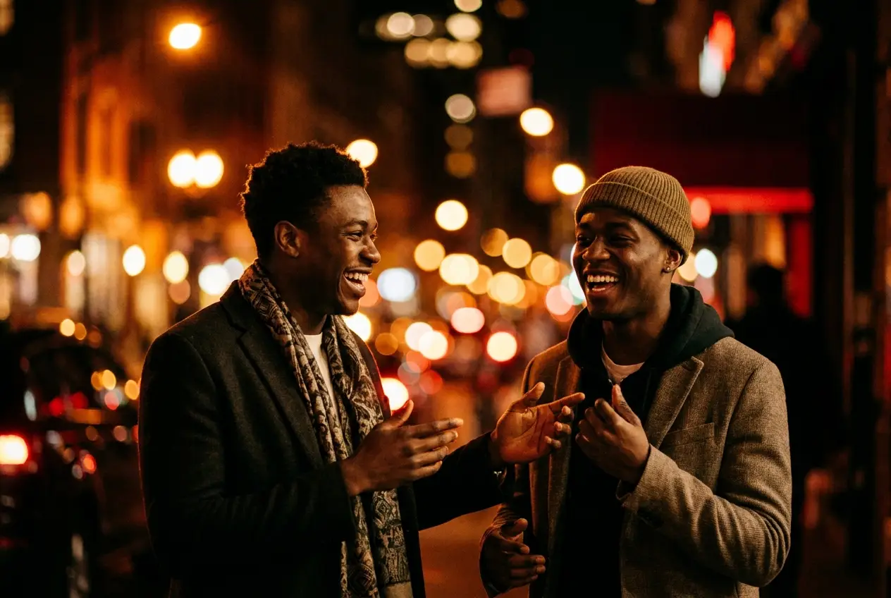 Two young men laughing together at night with warm city lights behind them