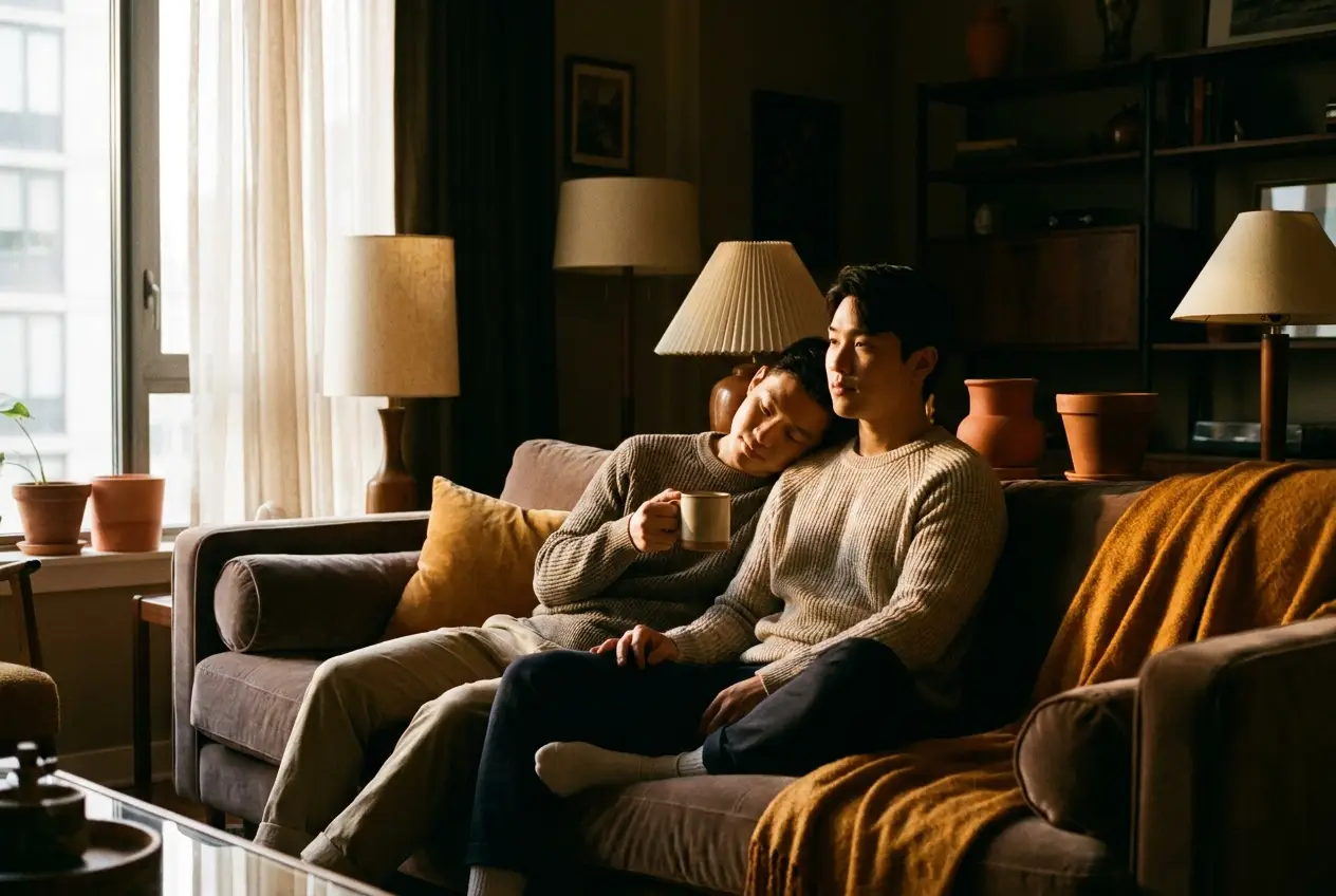 Two young men relaxing together on a couch in warm morning light